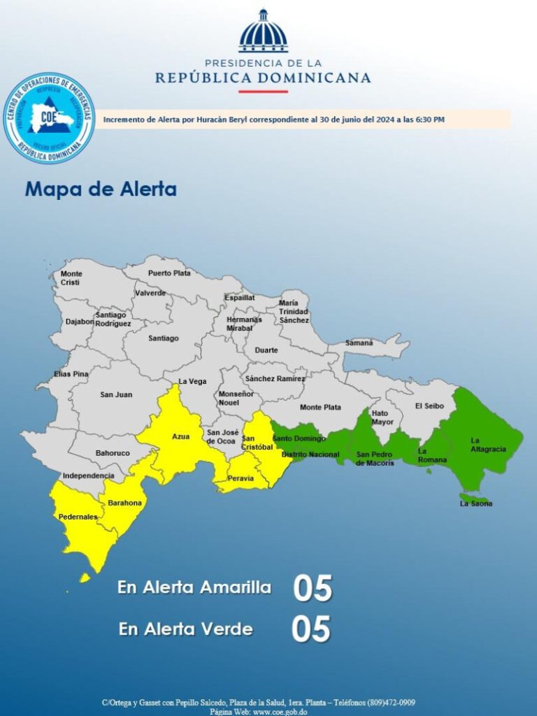 COE coloca cinco provincias en alerta amarilla y cinco en verde ante huracán Beryl