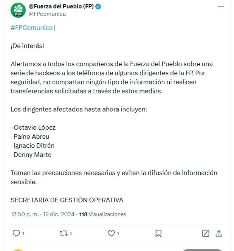 Hackean teléfonos de dirigentes de la Fuerza del Pueblo