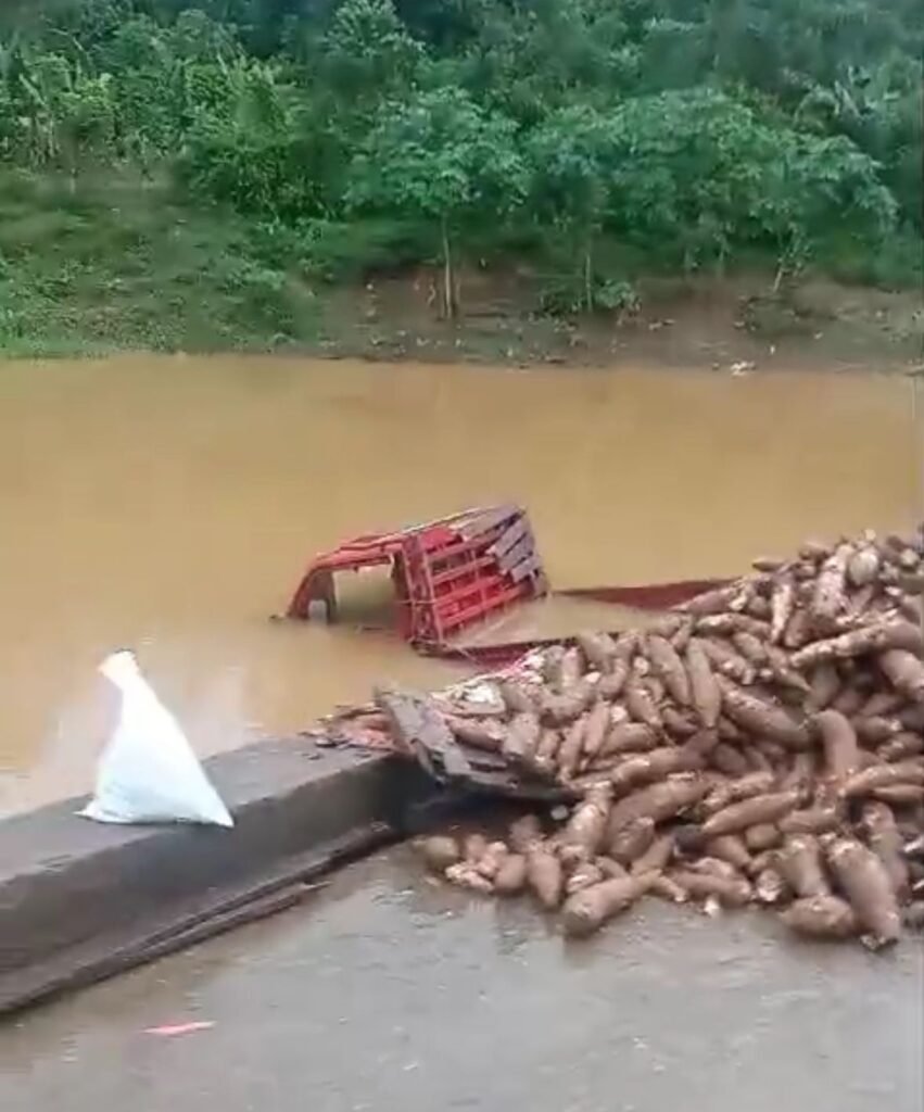 Camión cargado de yuca cae al río Ozama al intentar subir el puente en La Guazuma, Peralvillo