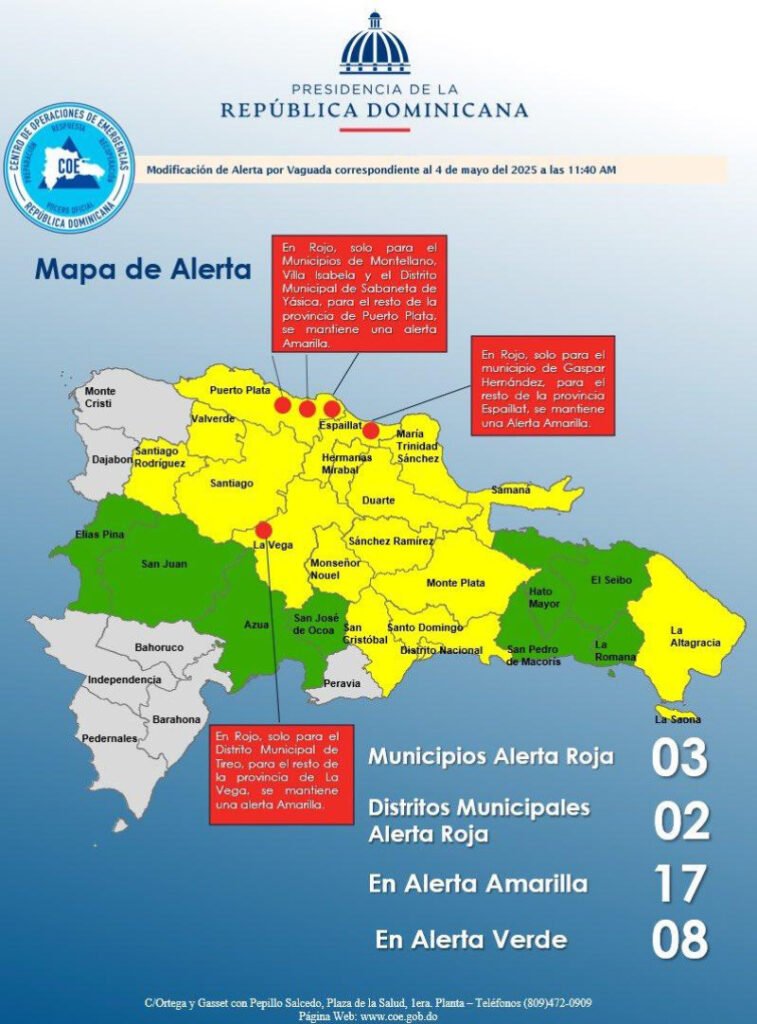 Colocan cinco localidades en alerta roja, 17 provincias en amarilla y 8 en verde por aguaceros
