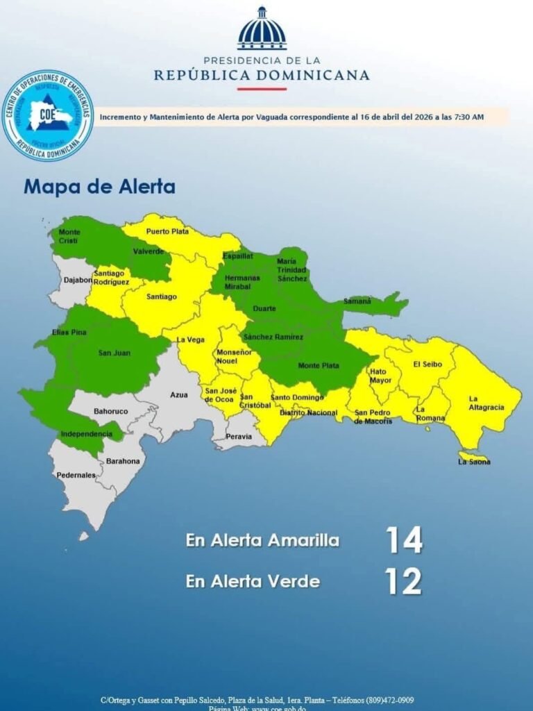 COE eleva a 13 provincias y el Distrito Nacional en alerta amarilla por fuertes lluvias
